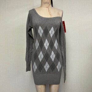 NWT Deadstock 2000s Argyle Off Shoulder Long Sleeve Sweater Dress